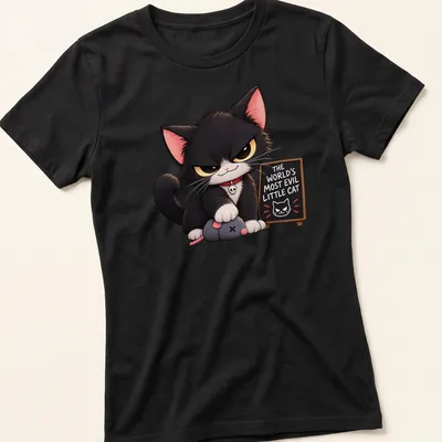 Kawaii-style T-shirt featuring a mischievous black cat and playful text — printed on a women's shirt