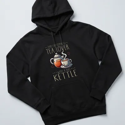 Colorful cartoon design of a teapot and cup with the phrase about tea lovers. — printed on a unisex hoodie