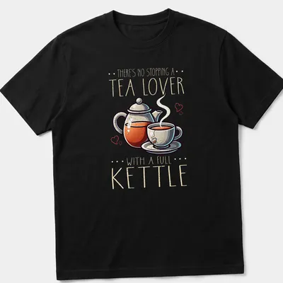 Colorful cartoon design of a teapot and cup with the phrase about tea lovers.