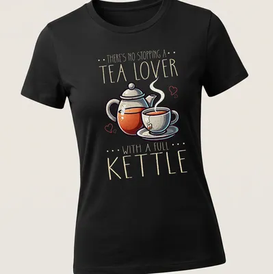 Colorful cartoon design of a teapot and cup with the phrase about tea lovers. — printed on a women's shirt