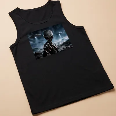 Realistic alien artwork with the text 'THEY ARE HERE' in gray, blue, and green tones. — printed on a tank top