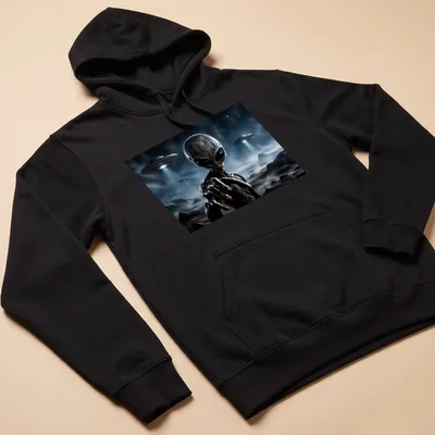 Realistic alien artwork with the text 'THEY ARE HERE' in gray, blue, and green tones. — printed on a unisex hoodie