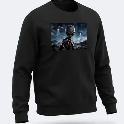 Realistic alien artwork with the text 'THEY ARE HERE' in gray, blue, and green tones. — printed on a unisex sweatshirt