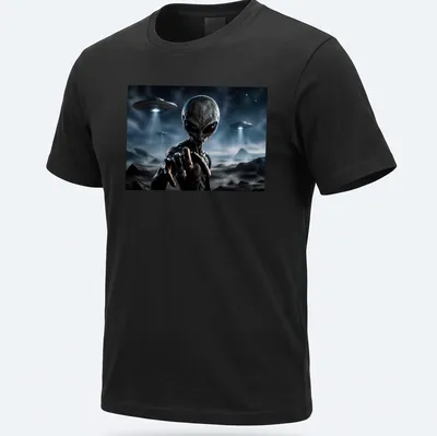 Realistic alien artwork with the text 'THEY ARE HERE' in gray, blue, and green tones. — printed on a unisex t-shirt