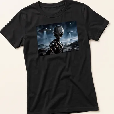 Realistic alien artwork with the text 'THEY ARE HERE' in gray, blue, and green tones. — printed on a women's shirt