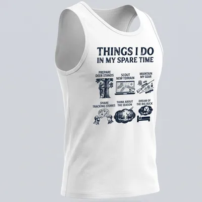 Bold graphic hunting shirt with activities printed in navy, black, and white — printed on a tank top