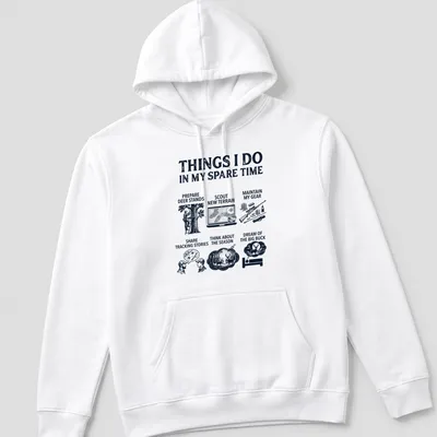 Bold graphic hunting shirt with activities printed in navy, black, and white — printed on a unisex hoodie