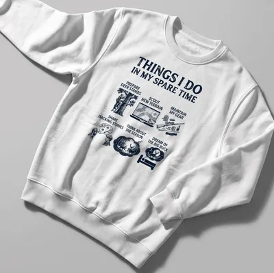 Bold graphic hunting shirt with activities printed in navy, black, and white — printed on a unisex sweatshirt
