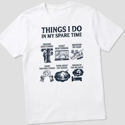 Bold graphic hunting shirt with activities printed in navy, black, and white