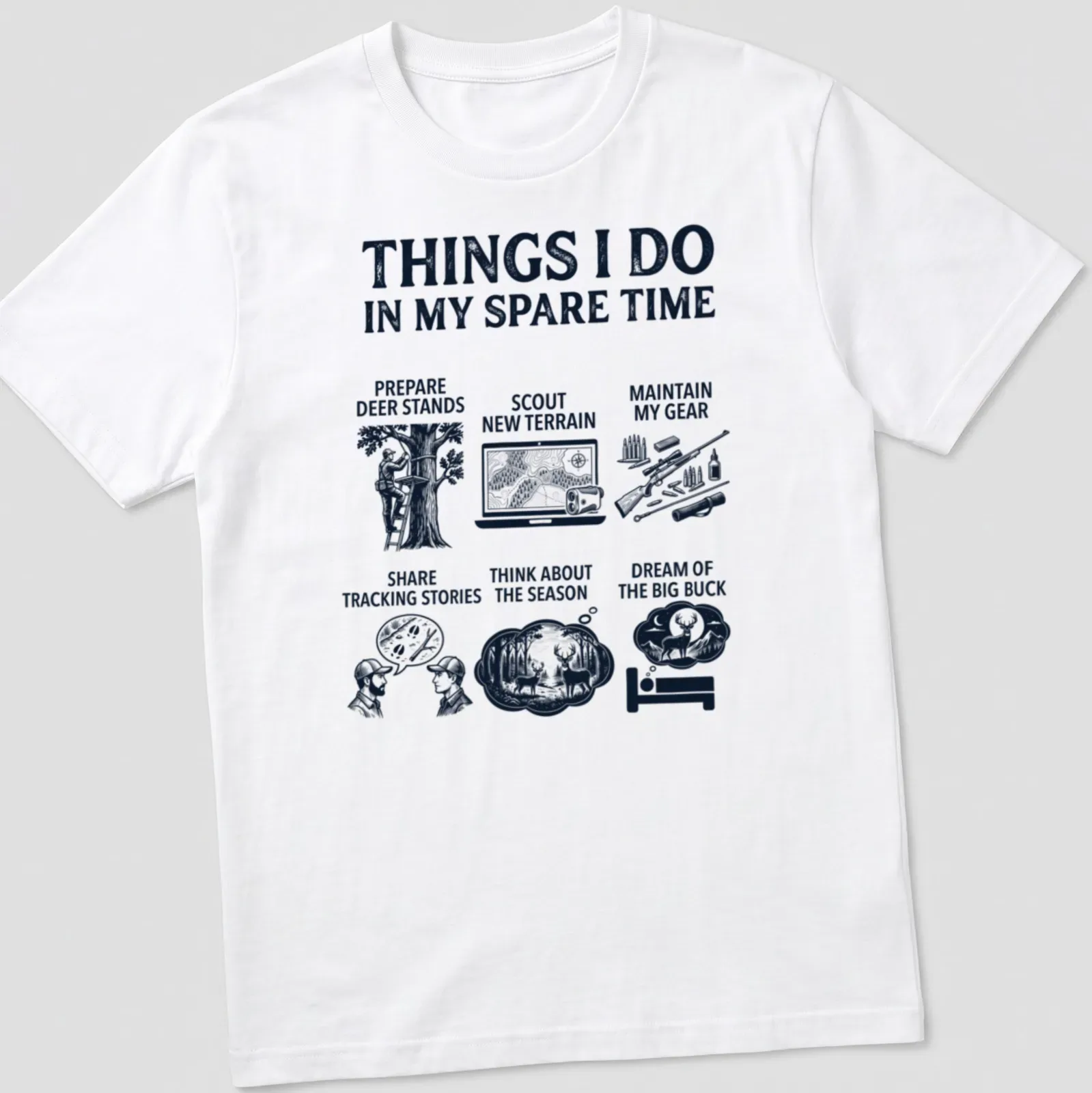 Bold graphic hunting shirt with activities printed in navy, black, and white — printed on a unisex t-shirt
