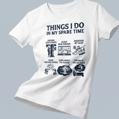 Bold graphic hunting shirt with activities printed in navy, black, and white — printed on a women's shirt