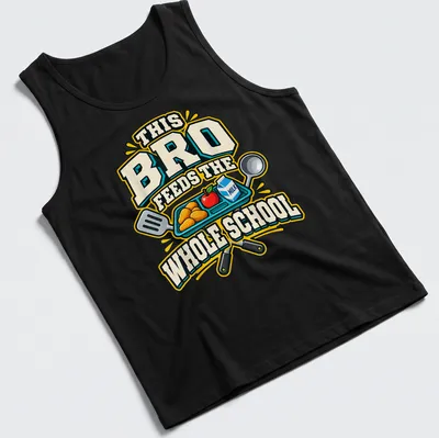Cartoon print of a lunch tray with assorted food items and bold text — printed on a tank top