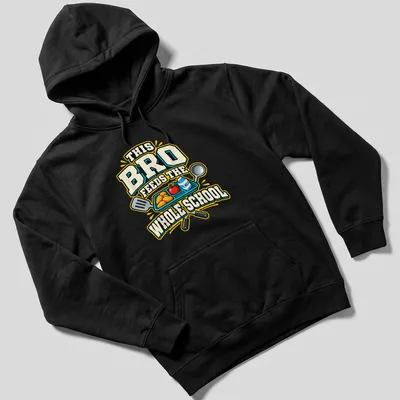 Cartoon print of a lunch tray with assorted food items and bold text — printed on a unisex hoodie