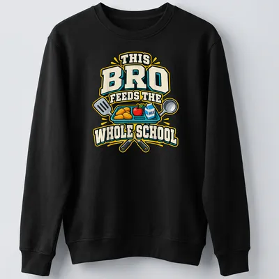 Cartoon print of a lunch tray with assorted food items and bold text — printed on a unisex sweatshirt