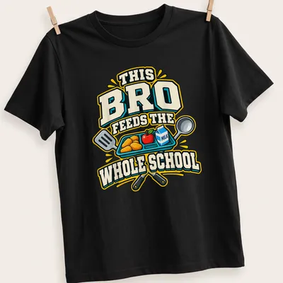 Cartoon print of a lunch tray with assorted food items and bold text — printed on a unisex t-shirt