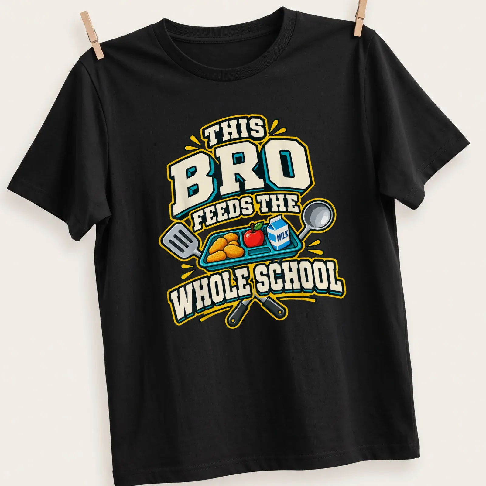 Cartoon print of a lunch tray with assorted food items and bold text — printed on a unisex t-shirt