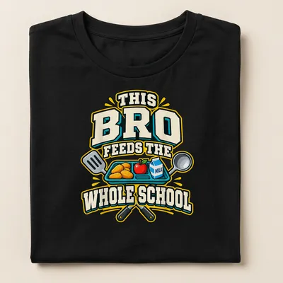 Cartoon print of a lunch tray with assorted food items and bold text — printed on a women's shirt