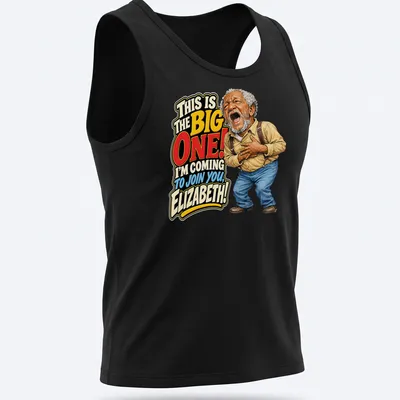 Cartoonish T-shirt design of an elderly man with the phrase about joining Elizabeth — printed on a tank top