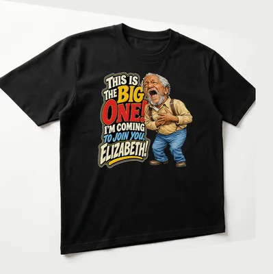 Cartoonish T-shirt design of an elderly man with the phrase about joining Elizabeth — printed on a unisex t-shirt (angled view)