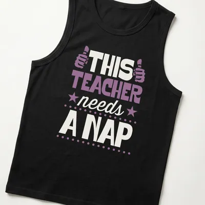 Boldly printed humorous T-shirt for teachers with nap-themed message in purple and cream — printed on a tank top