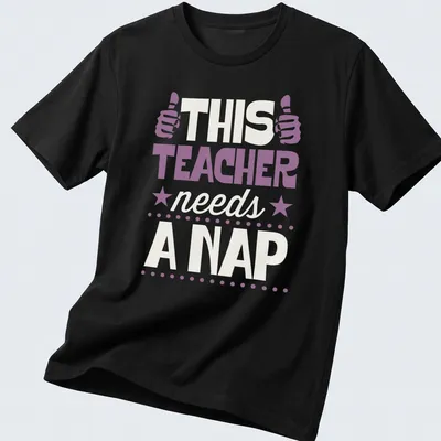 Boldly printed humorous T-shirt for teachers with nap-themed message in purple and cream — printed on a unisex t-shirt