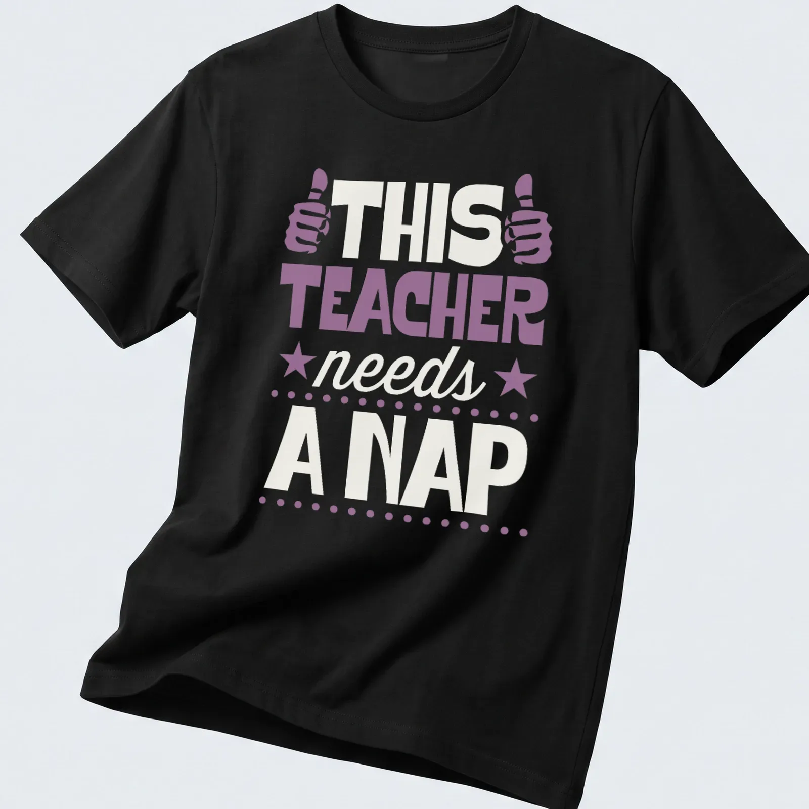 Boldly printed humorous T-shirt for teachers with nap-themed message in purple and cream — printed on a unisex t-shirt