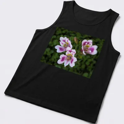 Realistic floral design featuring pink, white, green, and yellow flowers with the text 'Three Beauties' — printed on a tank top