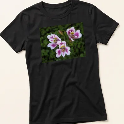 Realistic floral design featuring pink, white, green, and yellow flowers with the text 'Three Beauties' — printed on a women's shirt