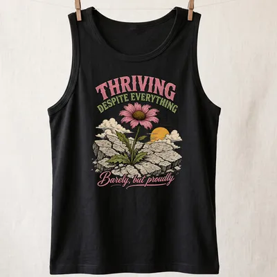 Illustrative T-shirt featuring a flower growing through cracks with a motivating message — printed on a tank top