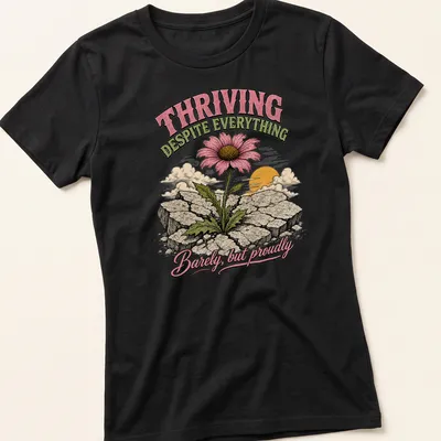 Illustrative T-shirt featuring a flower growing through cracks with a motivating message — printed on a women's shirt