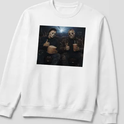 Cinematic print featuring Michael Myers and Jason Voorhees with a thumbs up — printed on a unisex sweatshirt