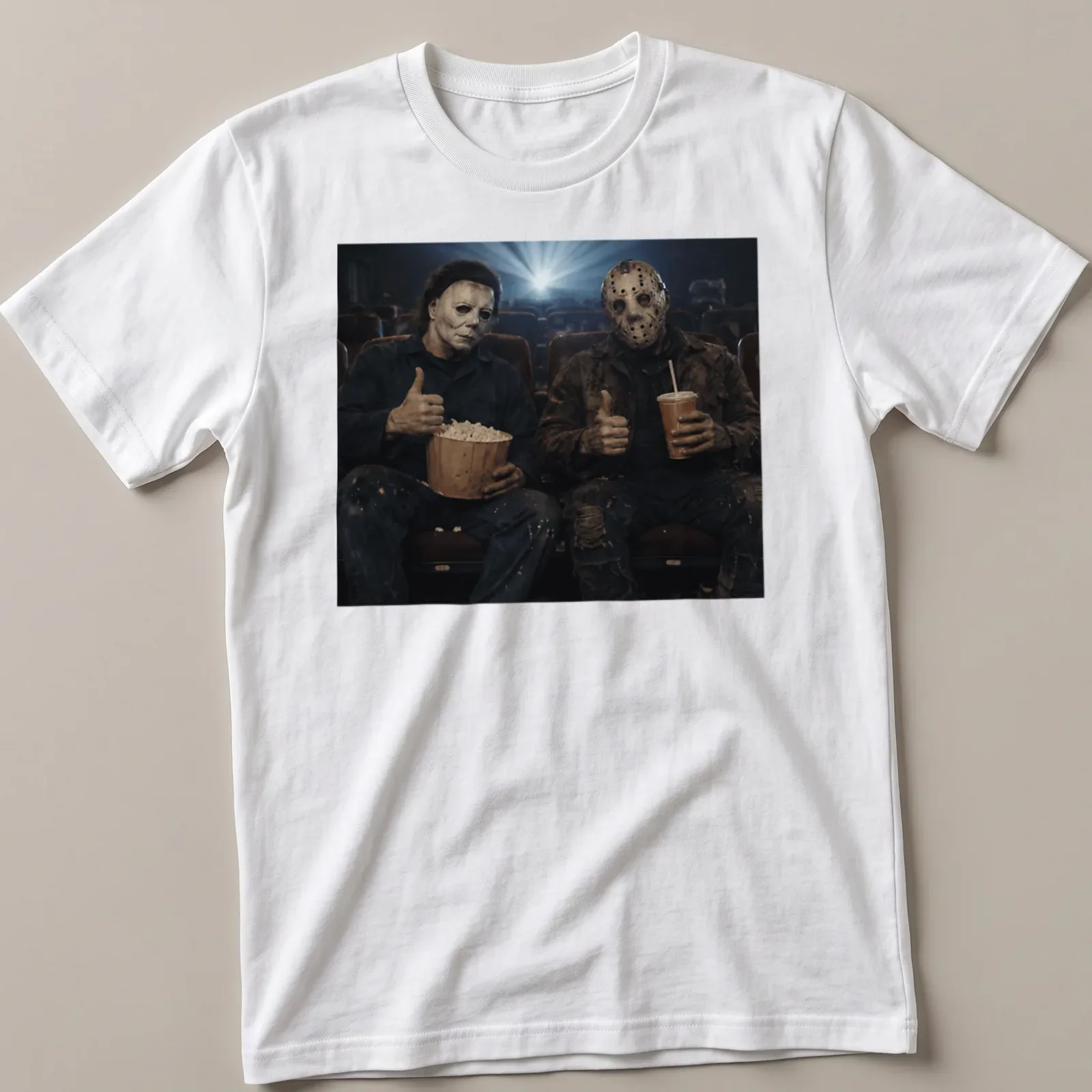 Cinematic print featuring Michael Myers and Jason Voorhees with a thumbs up — printed on a unisex t-shirt