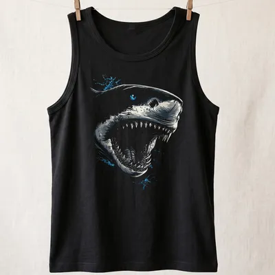 Illustrative Tiger Shark with striking blue eyes on a — printed on a tank top