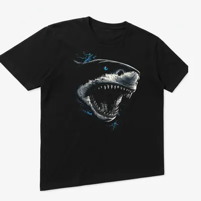 Illustrative Tiger Shark with striking blue eyes on a — printed on a unisex t-shirt (angled view)