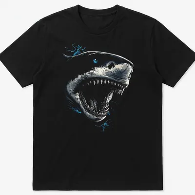 Illustrative Tiger Shark with striking blue eyes on a — printed on a unisex t-shirt