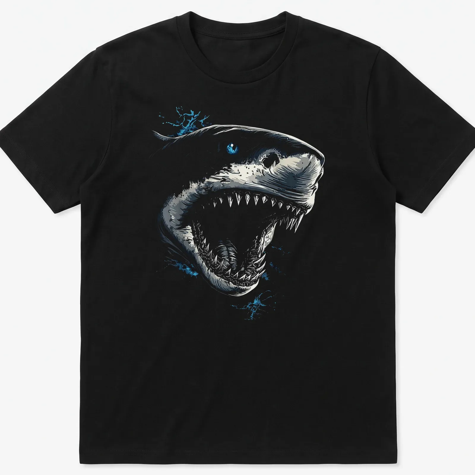 Illustrative Tiger Shark with striking blue eyes on a — printed on a unisex t-shirt