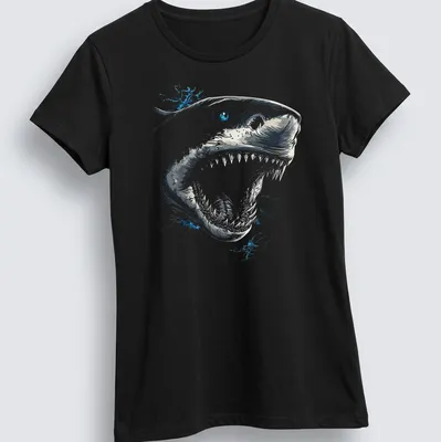 Illustrative Tiger Shark with striking blue eyes on a — printed on a women's shirt