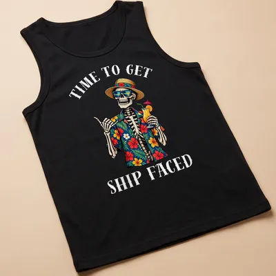 Colorful skeleton in Hawaiian shirt with humorous text about drinking — printed on a tank top