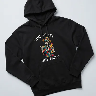 Colorful skeleton in Hawaiian shirt with humorous text about drinking — printed on a unisex hoodie