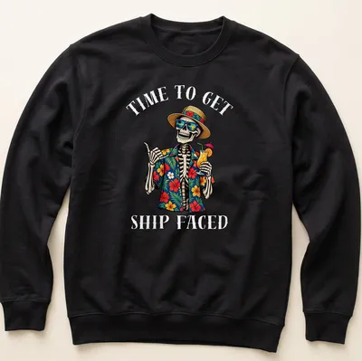 Colorful skeleton in Hawaiian shirt with humorous text about drinking — printed on a unisex sweatshirt