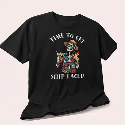 Colorful skeleton in Hawaiian shirt with humorous text about drinking — printed on a unisex t-shirt (angled view)