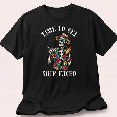 Colorful skeleton in Hawaiian shirt with humorous text about drinking