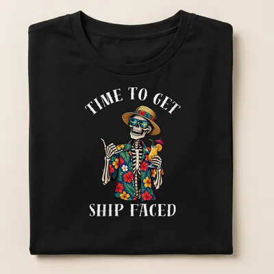 Colorful skeleton in Hawaiian shirt with humorous text about drinking — printed on a women's shirt