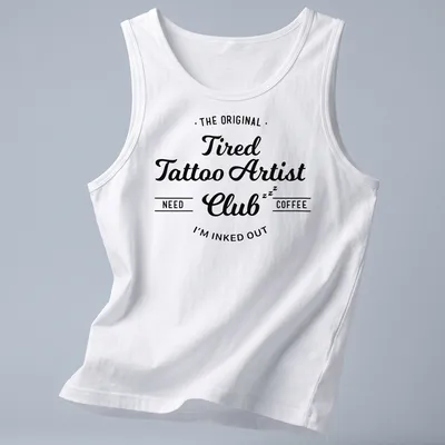 Vintage script t-shirt with tattoo artist humor about needing coffee — printed on a tank top