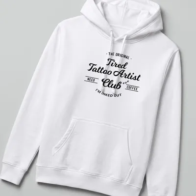 Vintage script t-shirt with tattoo artist humor about needing coffee — printed on a unisex hoodie