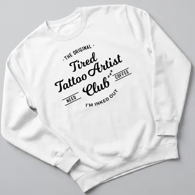 Vintage script t-shirt with tattoo artist humor about needing coffee — printed on a unisex sweatshirt