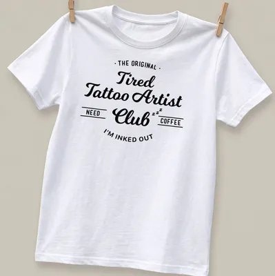 Vintage script t-shirt with tattoo artist humor about needing coffee — printed on a unisex t-shirt