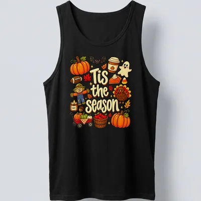 Kawaii illustration of a scarecrow with pumpkins and turkey for Thanksgiving — printed on a tank top