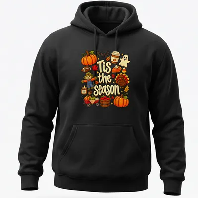 Kawaii illustration of a scarecrow with pumpkins and turkey for Thanksgiving — printed on a unisex hoodie