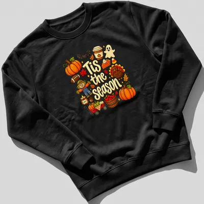 Kawaii illustration of a scarecrow with pumpkins and turkey for Thanksgiving — printed on a unisex sweatshirt